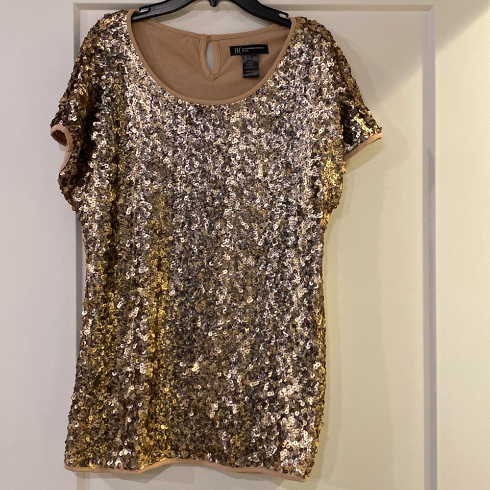 INC International Concepts Petite Large Bronze Gold Sequined Blouse